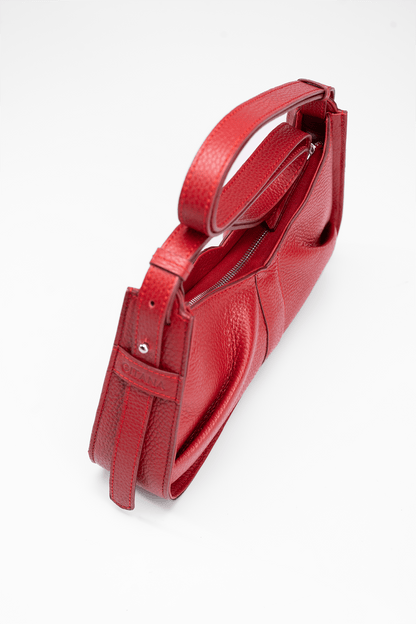 Isla Shoulder Bag Red Leather - Side Pleat Detail