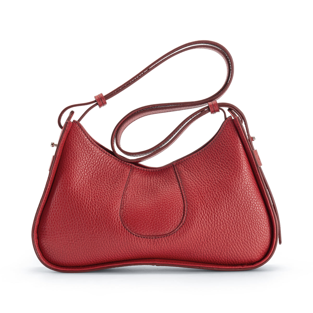A red pebbled leather shoulder bag with a curved, crescent-shaped silhouette, a single shoulder strap, and a central stitched detail, shown on a plain white background.