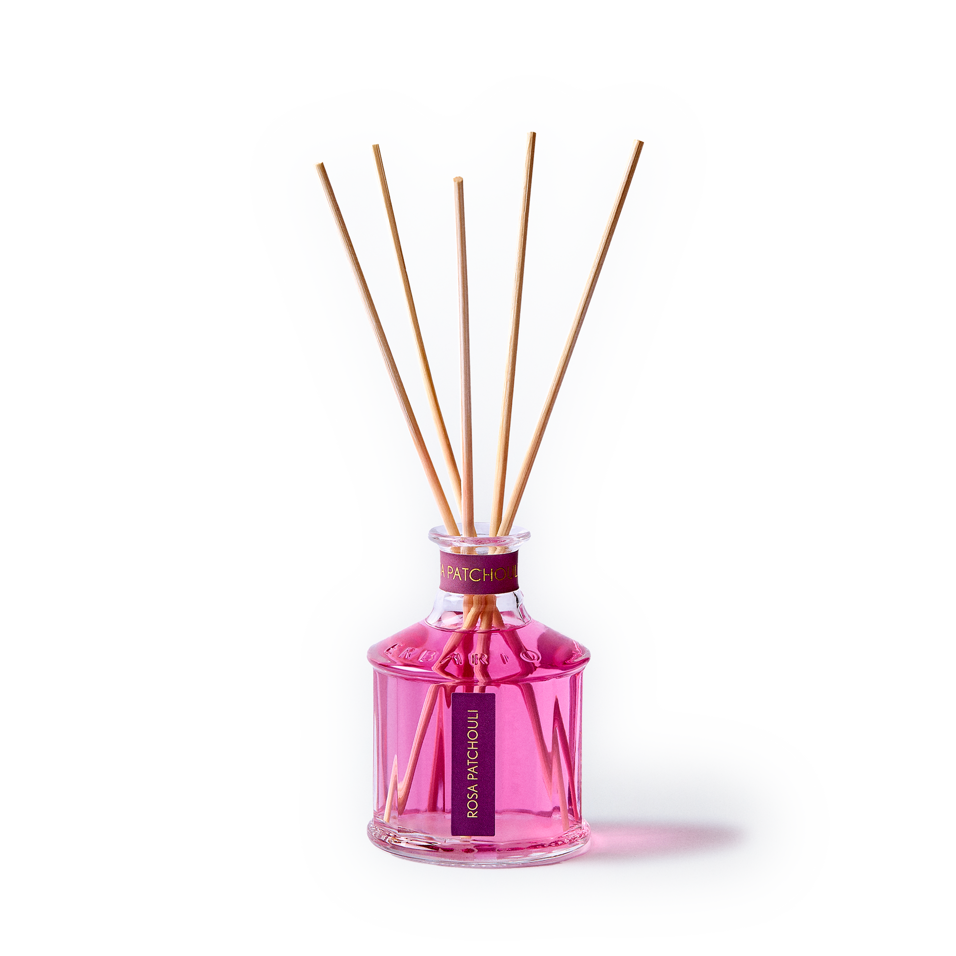 Rosa Patchouli home fragrance diffuser 250ml by Erbario Toscano – rose and patchouli, pink glass bottle with natural reeds