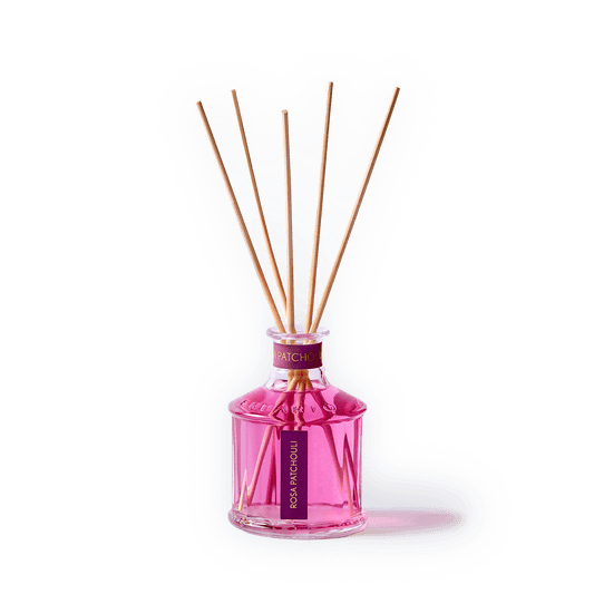 Rosa Patchouli home fragrance diffuser 250ml by Erbario Toscano – rose and patchouli, pink glass bottle with natural reeds