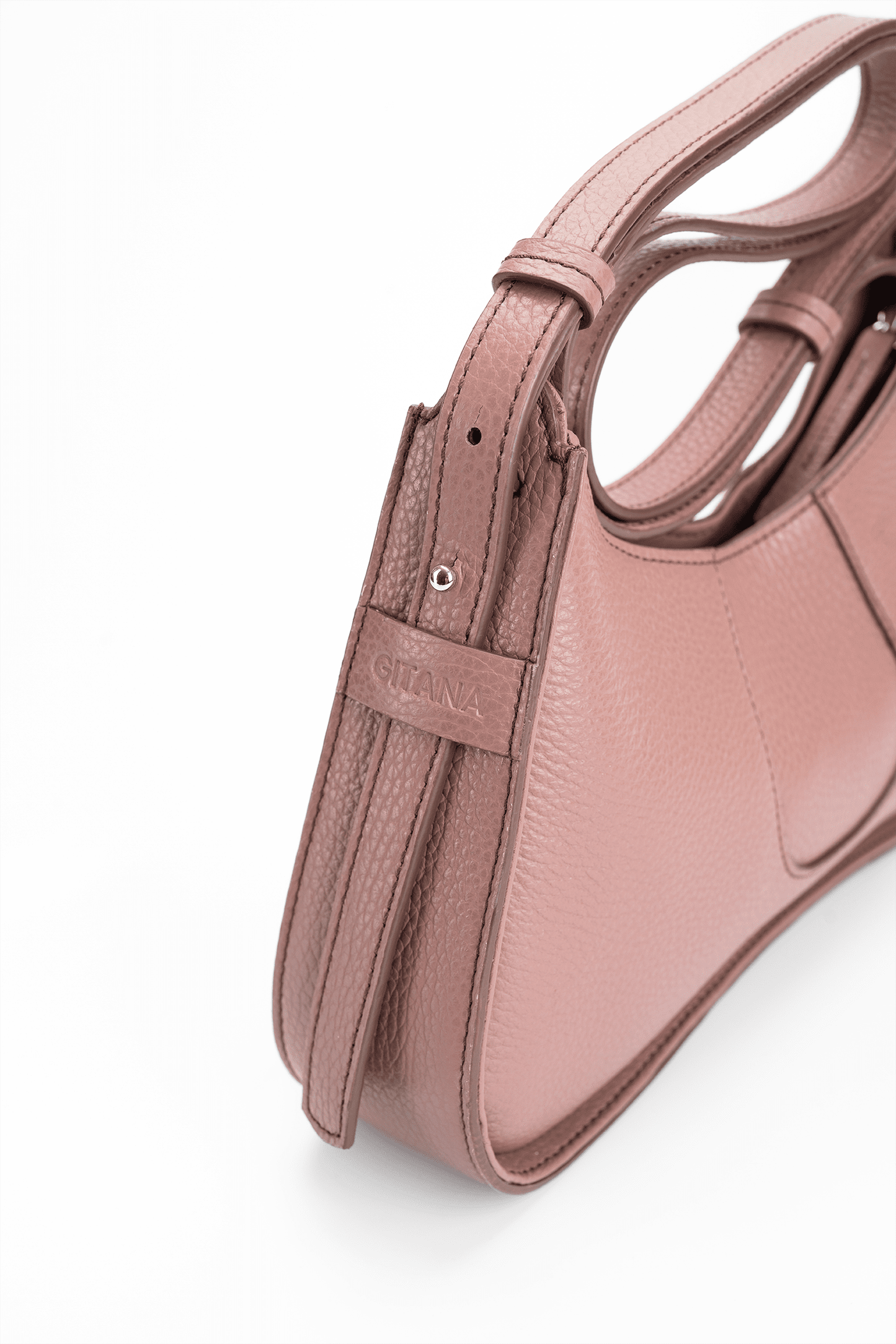 Light Brown Italian Pebble Leather  Handbag with a Coiled Strap on a white background.