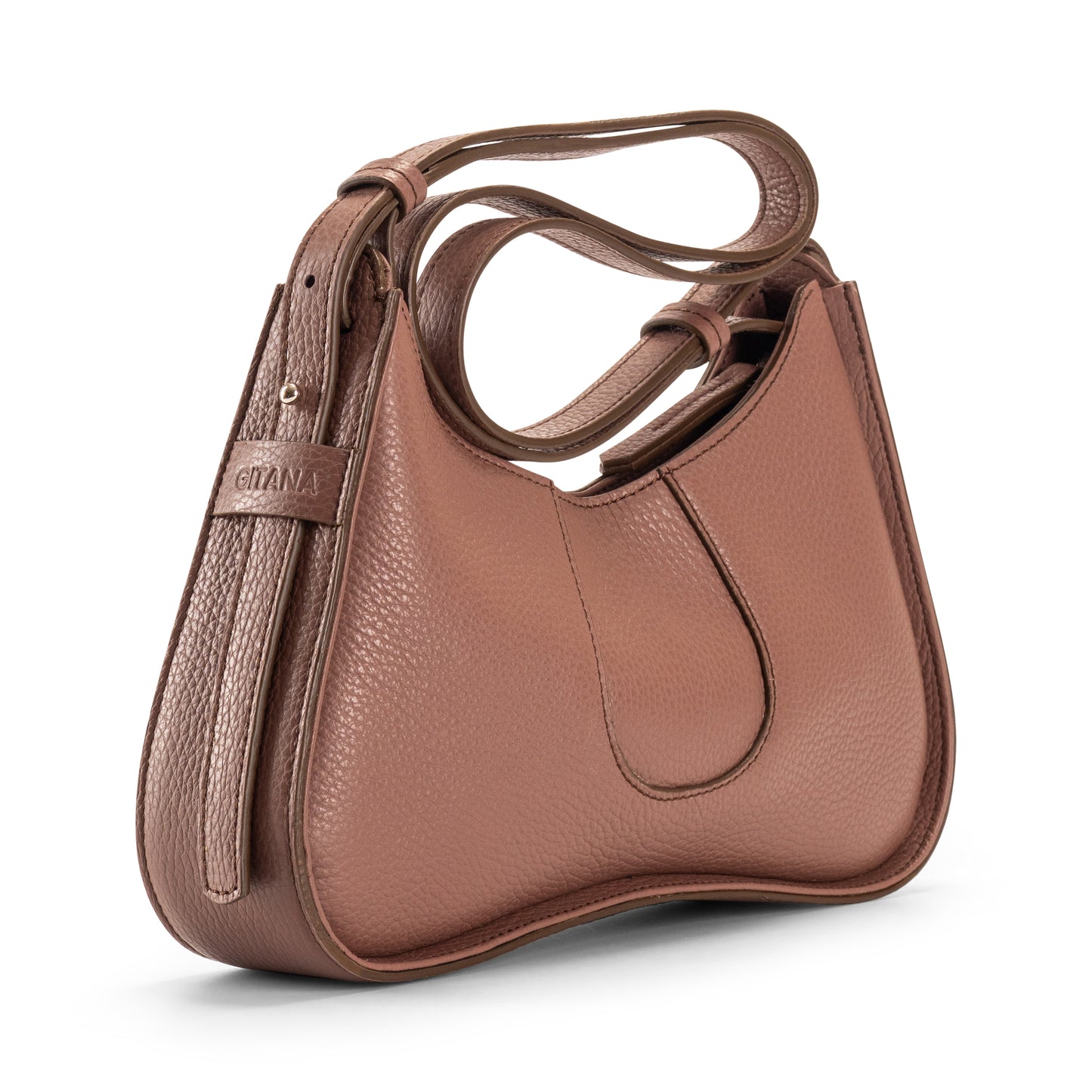 The Side View of a Toast Brown Italian Pebble Leather Handbag with Focus on the Gitana Brand Name.