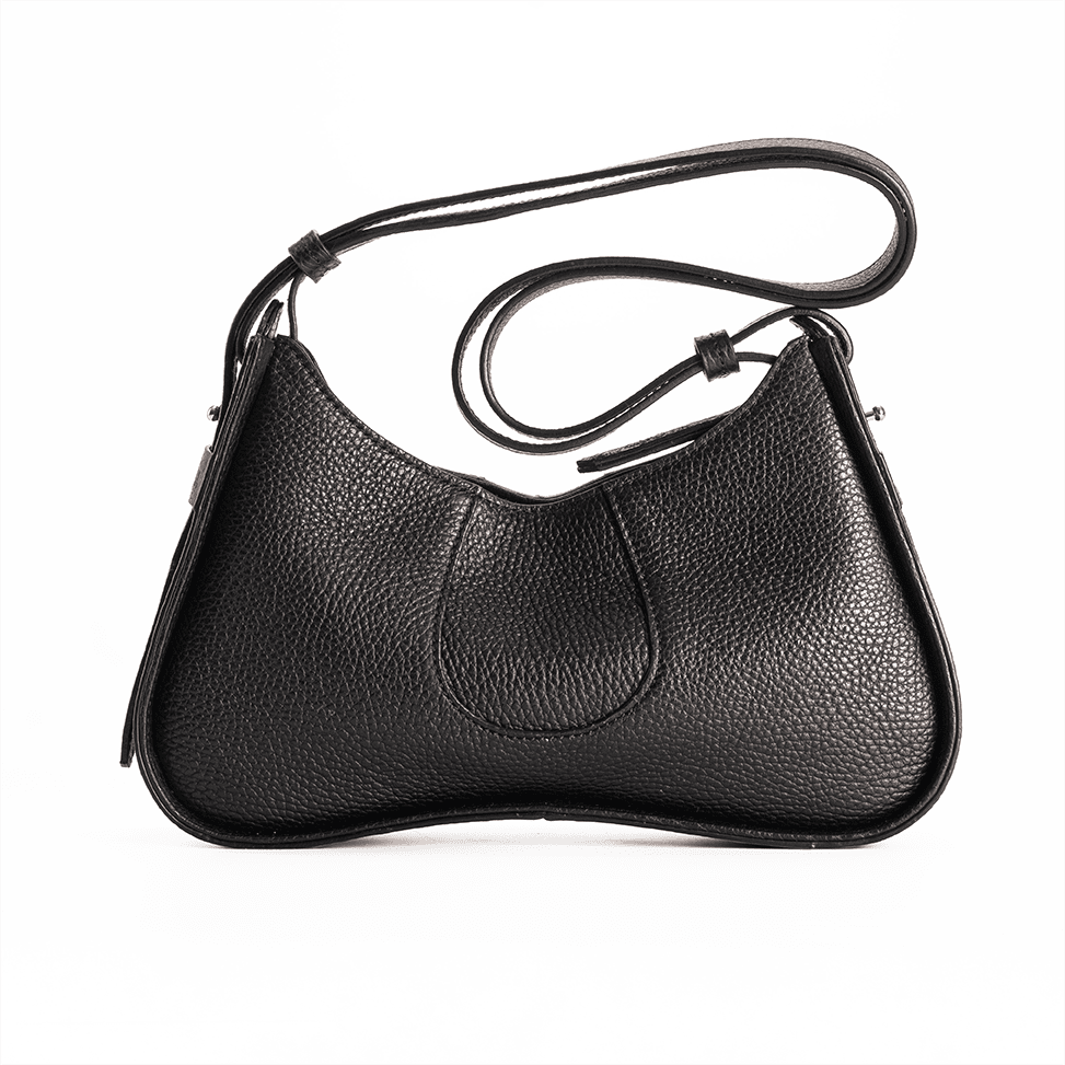 Aria Shoulder Bag in Black - Petite Italian Pebble Calf Leather - Front View