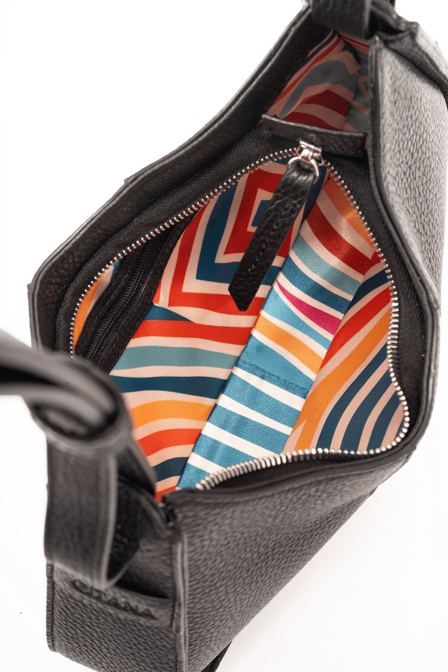 Aria Shoulder Bag in Black Italian Pebble Leather - Compact Interior Compartment with Colourful Lining.