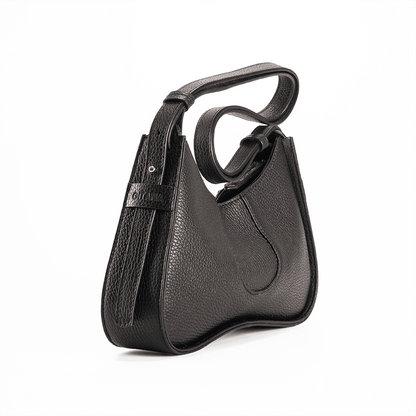 The Side View of Aria Shoulder Bag in Black Italian Pebble Calf Leather.