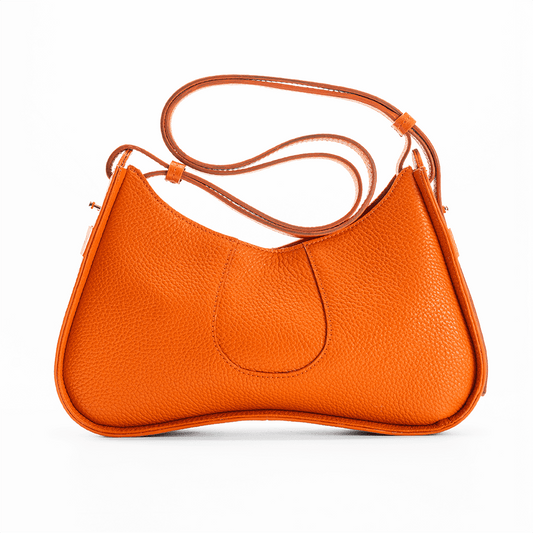 Aria Shoulder Bag Orange- Petite Italian Pebble Leather Handbag - Front View