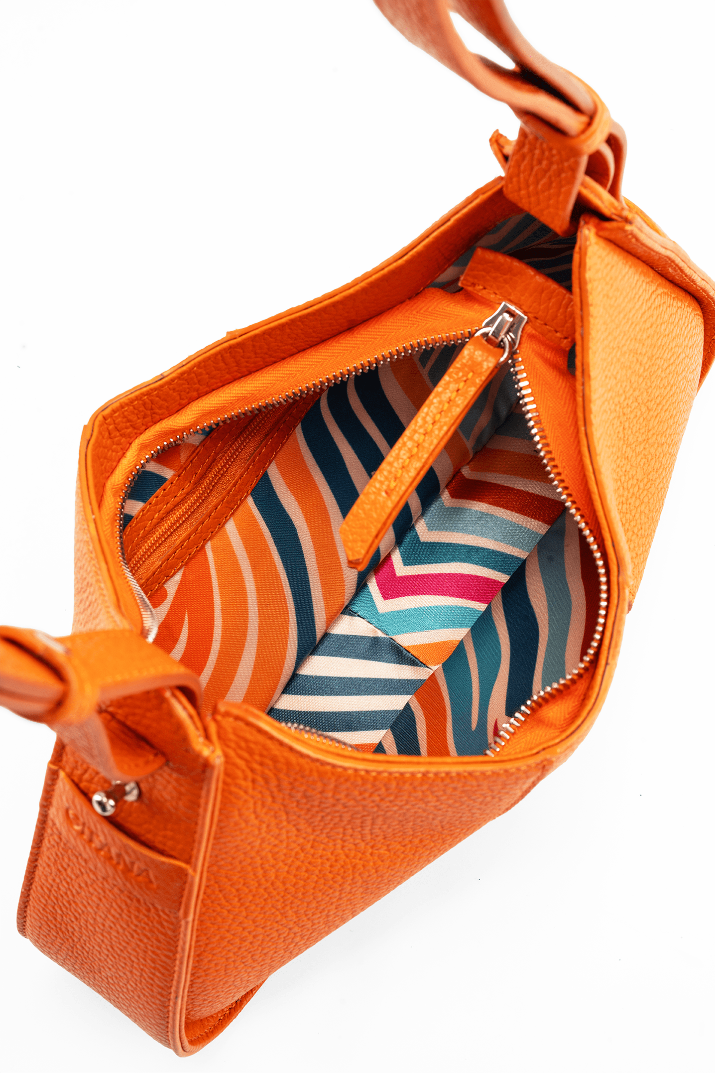 Aria Shoulder Bag in Orange  Pebble Leather - Compact Interior Compartment with Colourful Lining.