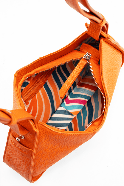 Aria Shoulder Bag in Orange  Pebble Leather - Compact Interior Compartment with Colourful Lining.