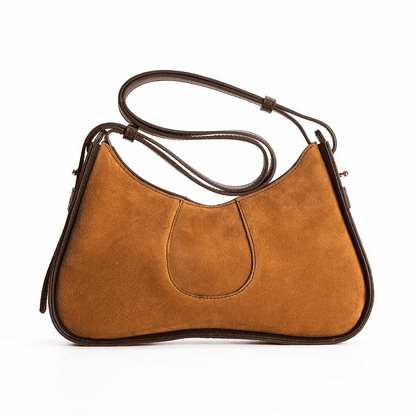 Aria Shoulder Bag Tan and Brown- Petite Italian Suede Leather Handbag - Front View
