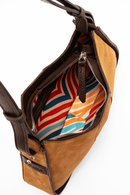 Aria Shoulder Bag in Caramel Italian Suede Leather with Brown Pebbled Leather Trim - Compact Interior Compartment with Colourful Lining.