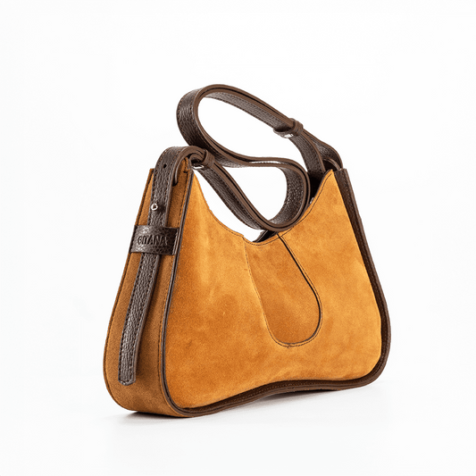 Side View of a Caramel Italian Suede Leather Shoulder Bag with Brown Pebble Leather Trim.