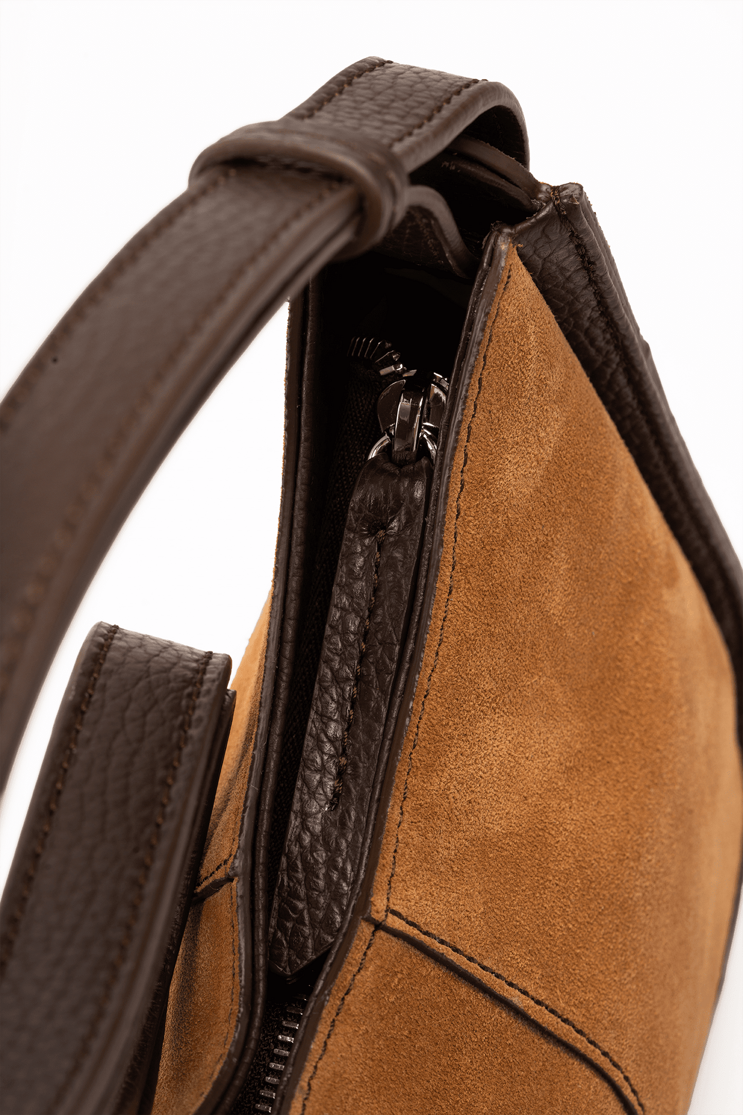 Aria Shoulder Bag in Caramel Italian Suede Leather  with Brown Trim - Zip Side Strap Detail