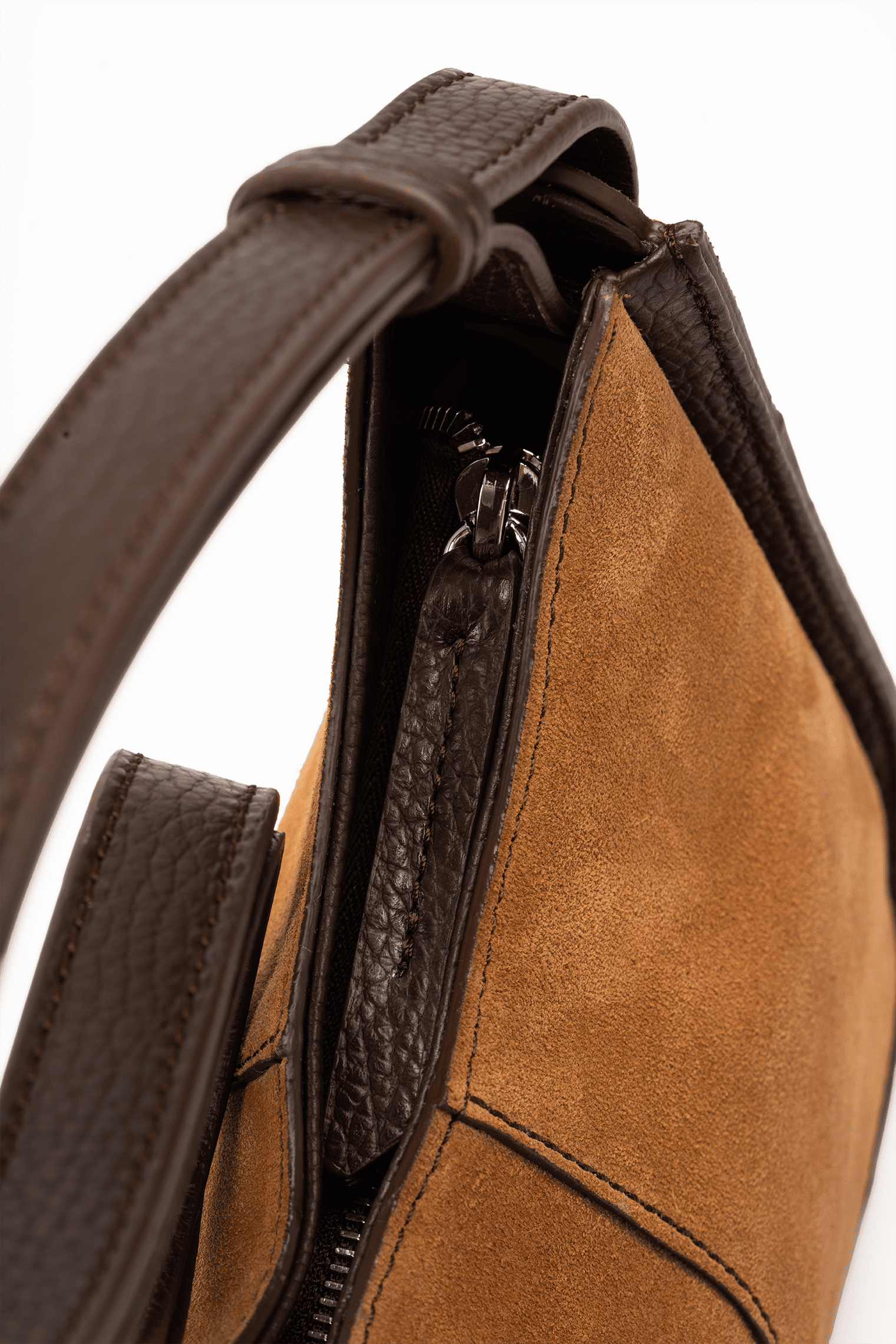 Aria Shoulder Bag in Caramel Italian Suede Leather  with Brown Trim - Zip Side Strap Detail