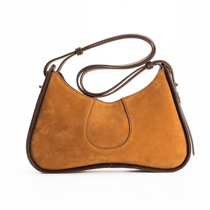 Aria Shoulder Bag in a Caramel Italian Suede Leather and Brown Pebbled Leather Trim - Elegant Petite Silhouette - Back View.