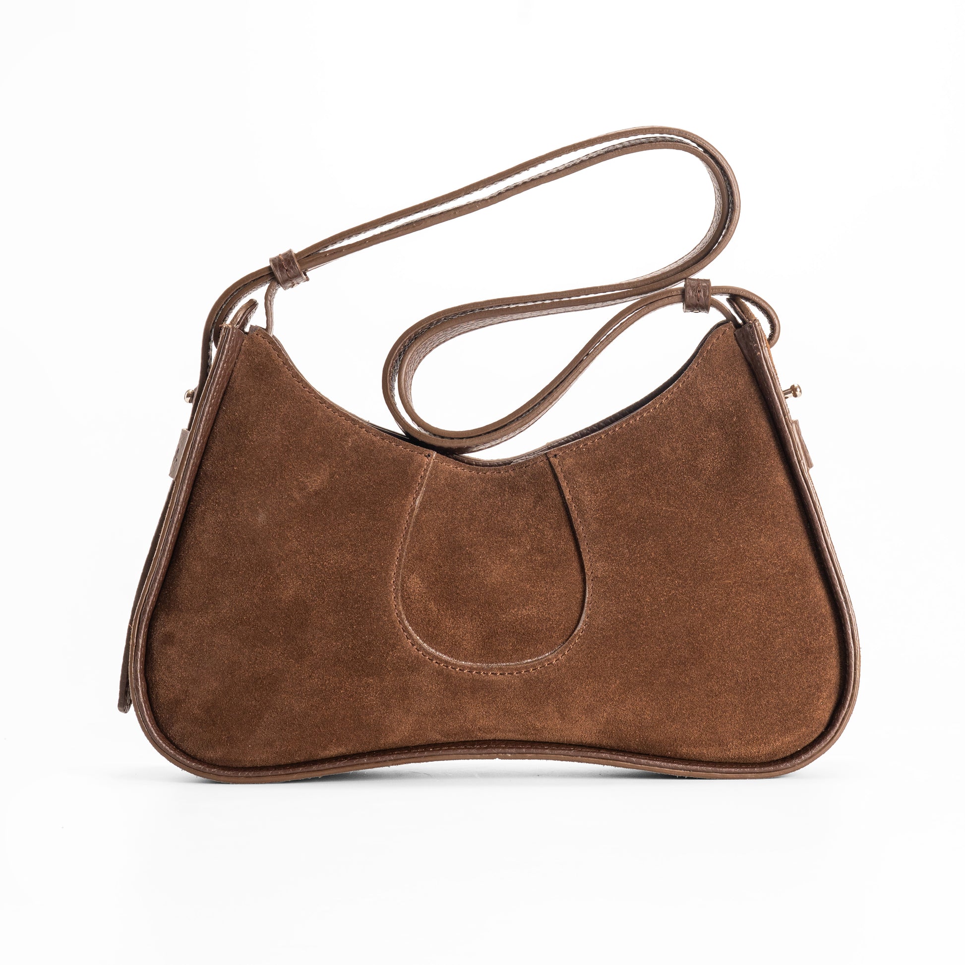 Aria Shoulder Bag in Brown - Petite Italian Suede Leather Handbag - Front View