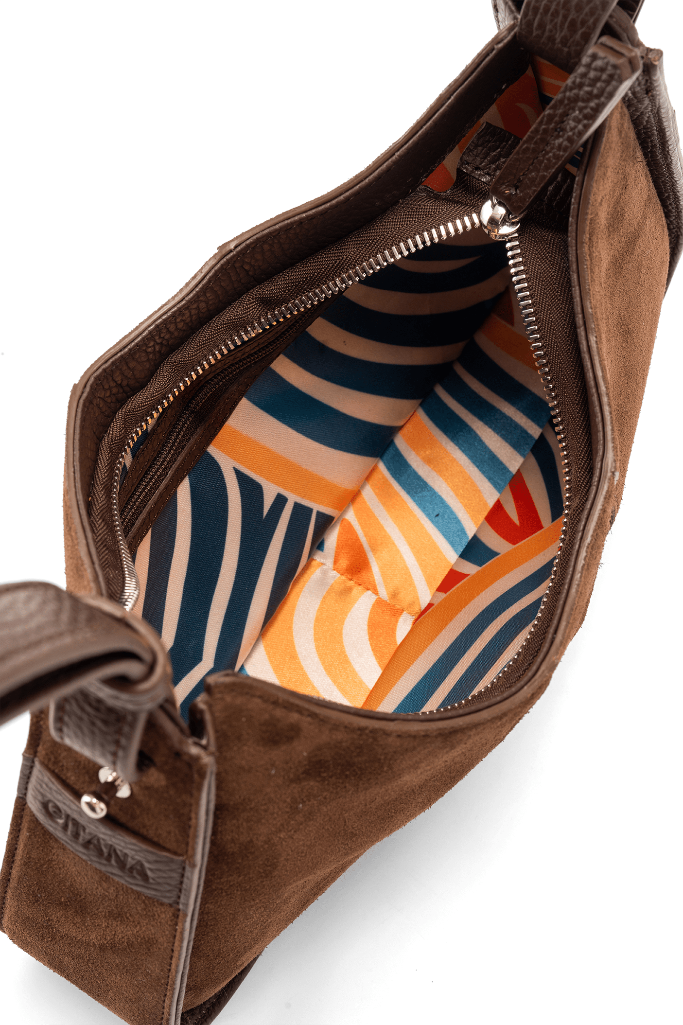 Aria Shoulder Bag Brown Suede Shoulder Bag - View of Compact Interior Compartment with Colourful Lining.