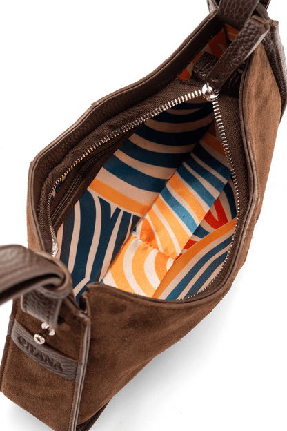 Aria Shoulder Bag Brown Suede Shoulder Bag - View of Compact Interior Compartment with Colourful Lining.