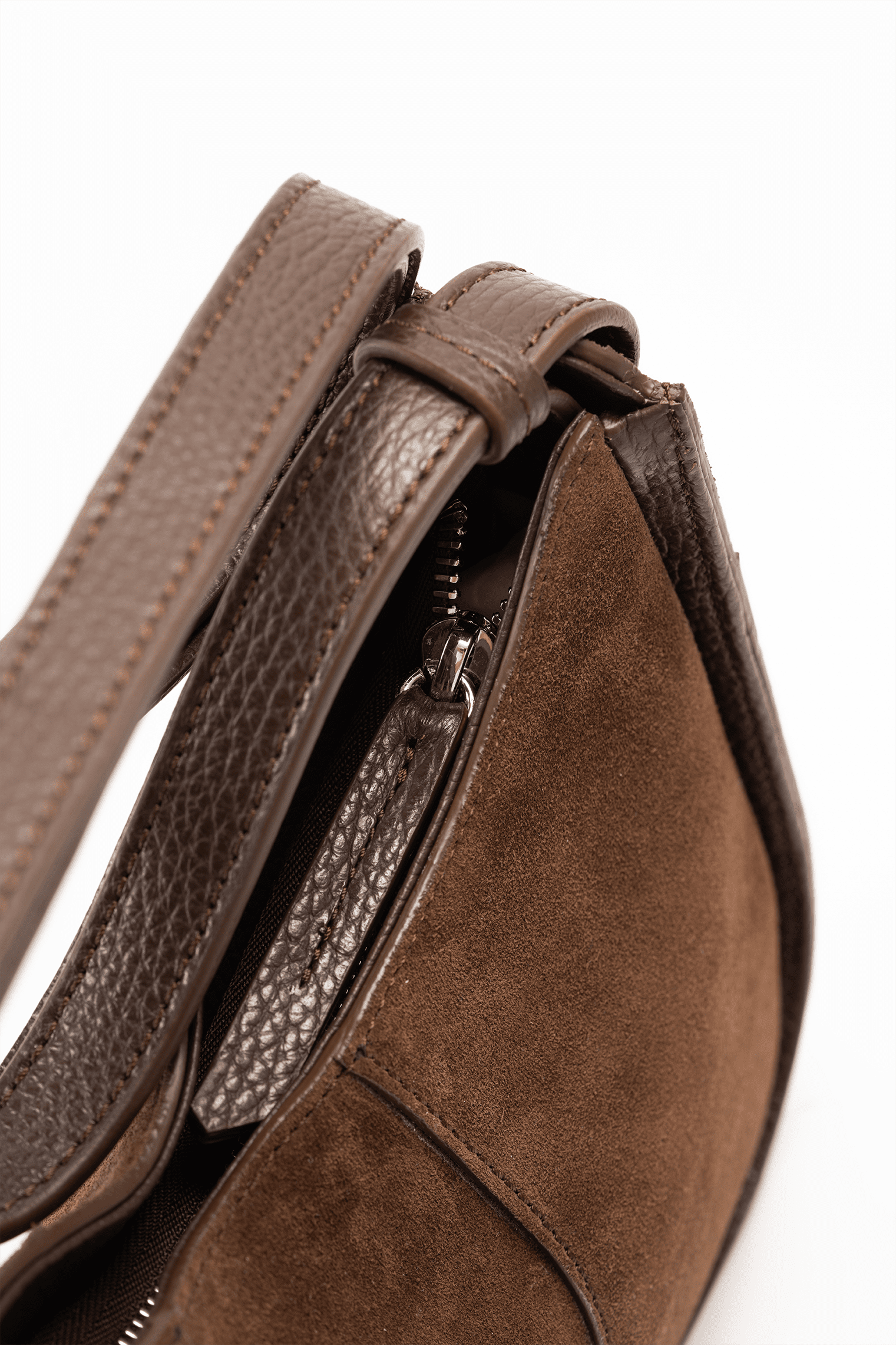 Aria Shoulder Bag Brown Italian Suede Leather - Zip View with Strap Detail