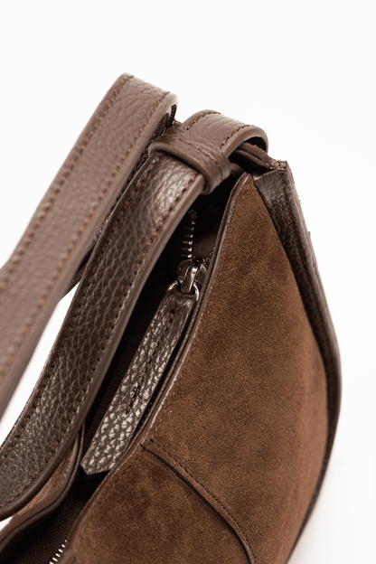 Aria Shoulder Bag Brown Italian Suede Leather - Zip View with Strap Detail