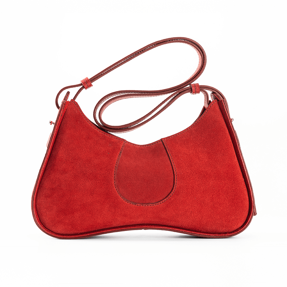 The Back View of Aria Shoulder Bag in Red Italian Suede Leather with Red Pebble Leather Trim.  