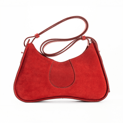 The Back View of Aria Shoulder Bag in Red Italian Suede Leather with Red Pebble Leather Trim.  