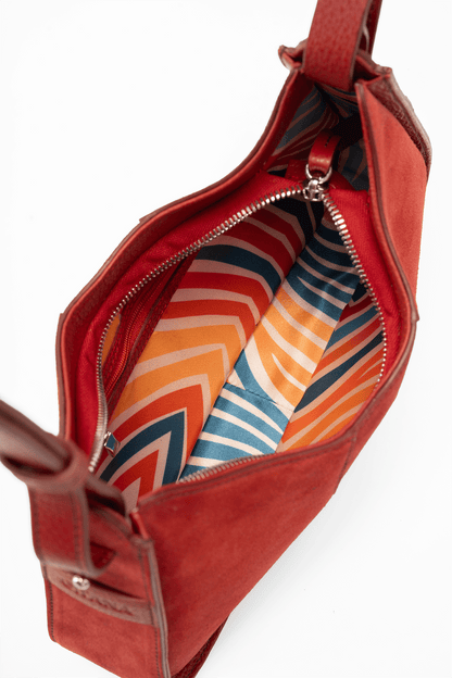 Aria Shoulder Bag in Red Italian Suede Leather with Red Pebbled Leather Trim - Compact Interior Compartment with Colourful Lining.