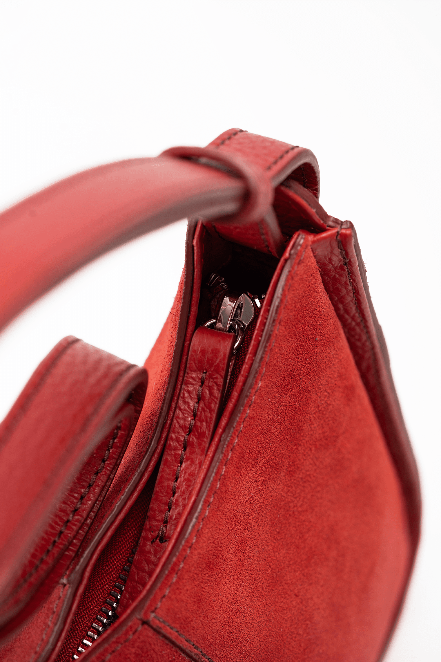 Aria Shoulder Bag in Red Italian Suede Leather with Red Pebble Leather Trim - Zip & Side Strap Detail
