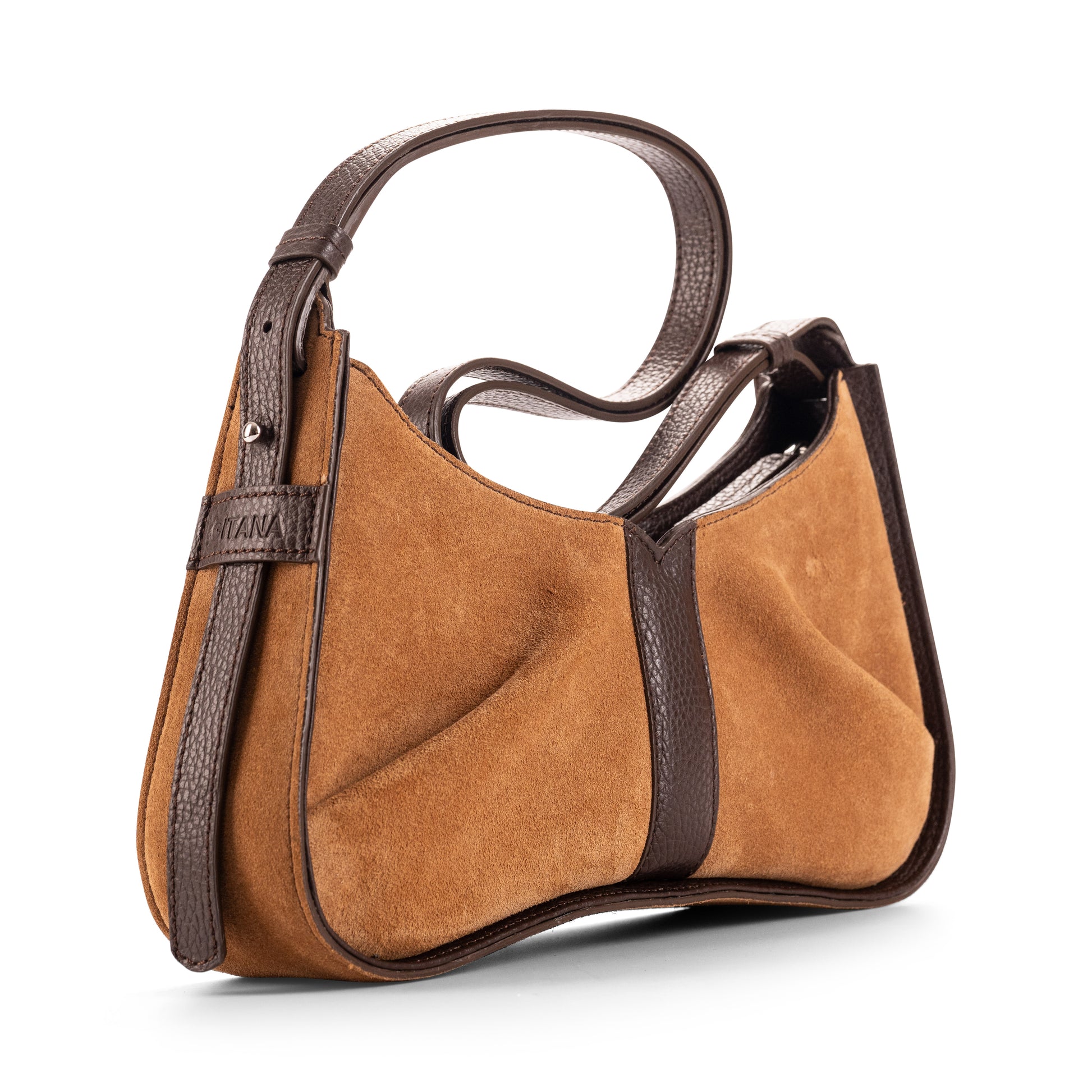 Isla Shoulder Bag Caramel and Brown Suede - Side Pleat Detail
