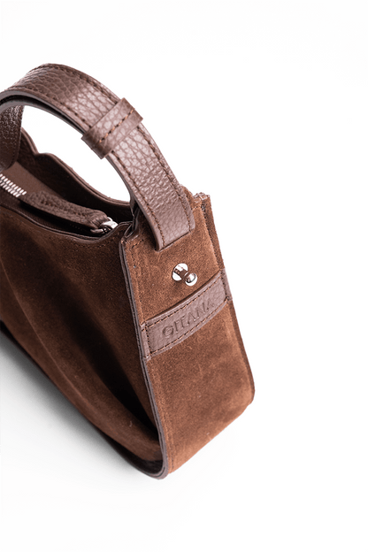 Isla Shoulder Bag Brown Suede - Close-up Side Pleat Detail