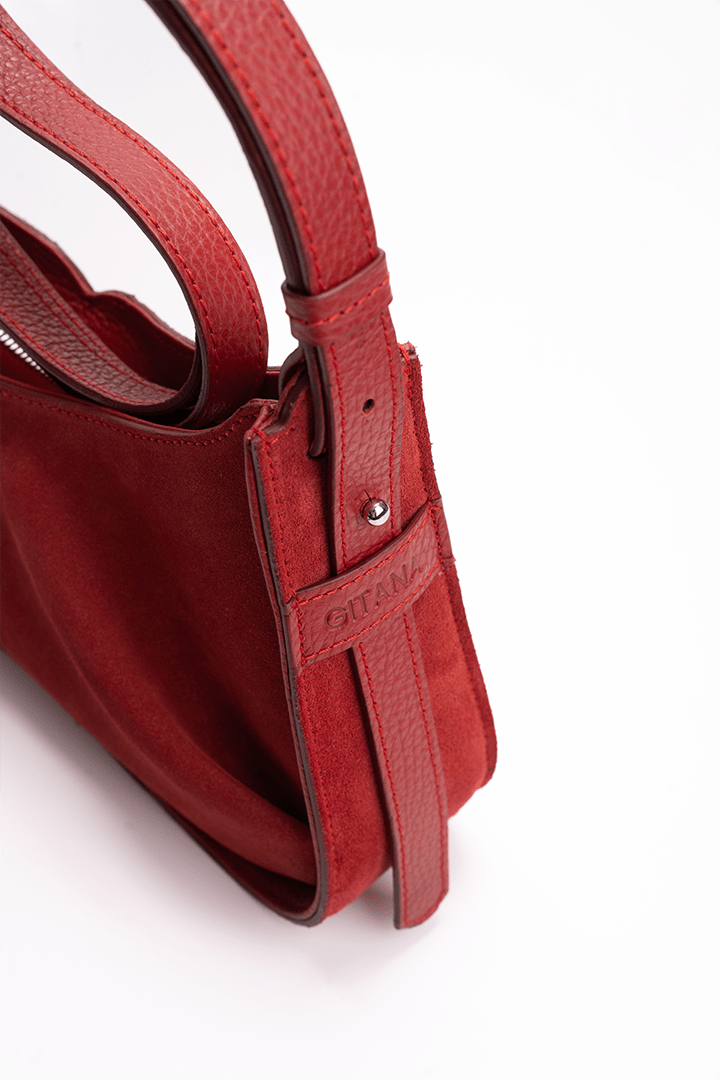 Isla Shoulder Bag Red Suede - Close-up Side Pleat Detail