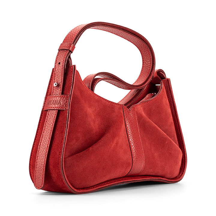 Isla Shoulder Bag Red Suede - Side Pleat Detail