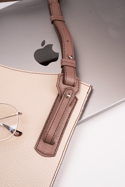 Simona Crossbody Bag Beige and chocolate trim pebble calf leather - Adjustable Strap Detail - Close-up View