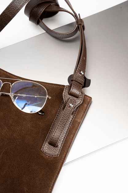 Simona Crossbody Brown Suede Leather Handbag - Adjustable Strap Detail
