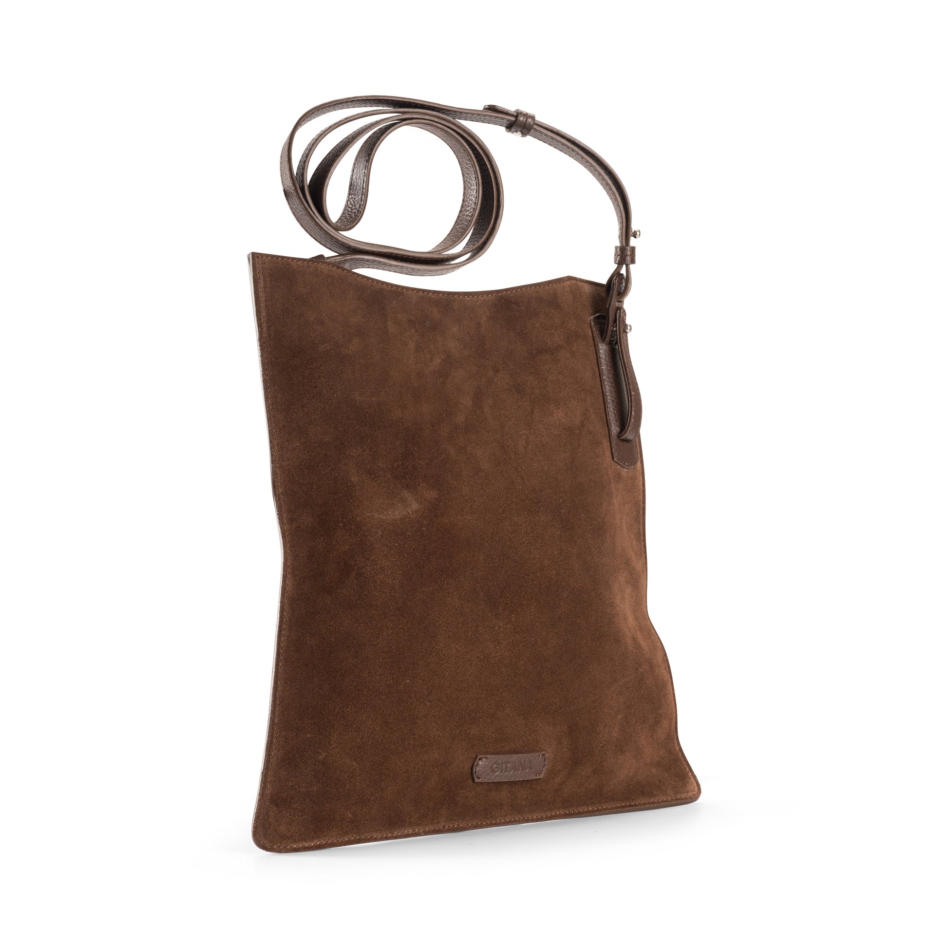 Simona Crossbody Suede Brown Leather Handbag - Side View Detail