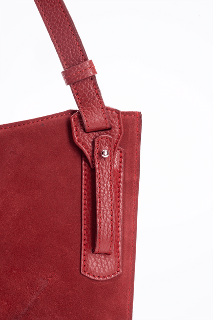 Close-up view of Simona Crossbody Red Suede Leather Bag - Adjustable Strap Detail