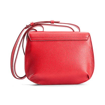 Back view of a designer luxury medium-sized red Italian pebble calf leather women’s handbag.