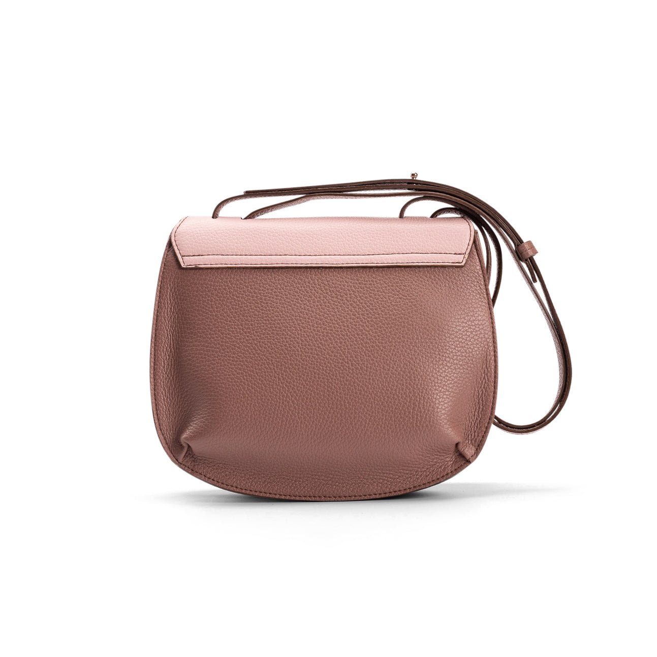 Back view of a designer luxury medium-sized brown calf leather women’s handbag with a brown and petal pink calf trim flap.