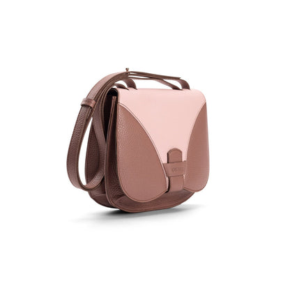 Side view of a designer luxury medium-sized brown calf leather women’s handbag with a brown and petal pink calf trim flap.