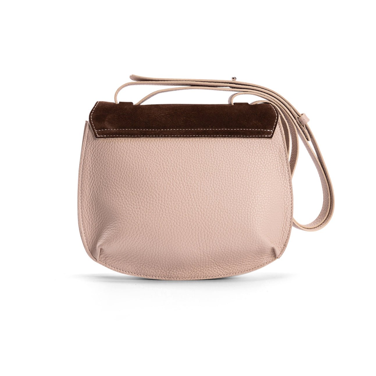 Back view of a medium-sized beige calf leather luxury women’s handbag with a beige and chocolate suede trim flap, designer leather bag.