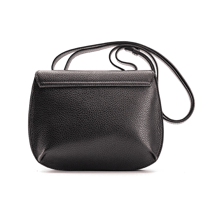 Back view of a designer luxury medium-sized black Italian pebble calf leather women’s handbag.