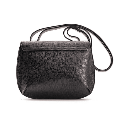 Back view of a designer luxury medium-sized black Italian pebble calf leather women’s handbag.