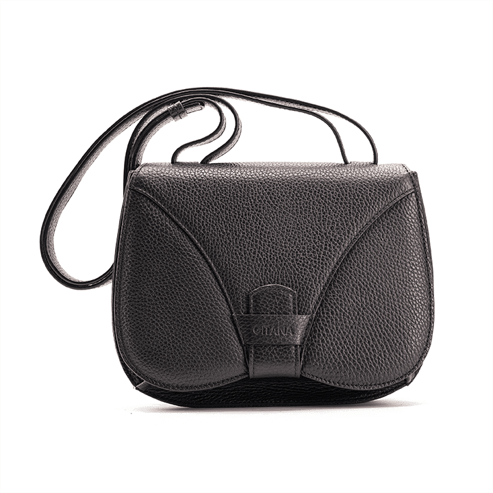 Yara Crossbody Bag Black Italian Pebble Calf Leather Handbag - Front View