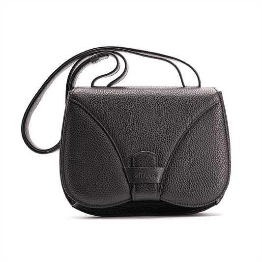Yara Crossbody Bag Black Italian Pebble Calf Leather Handbag - Front View