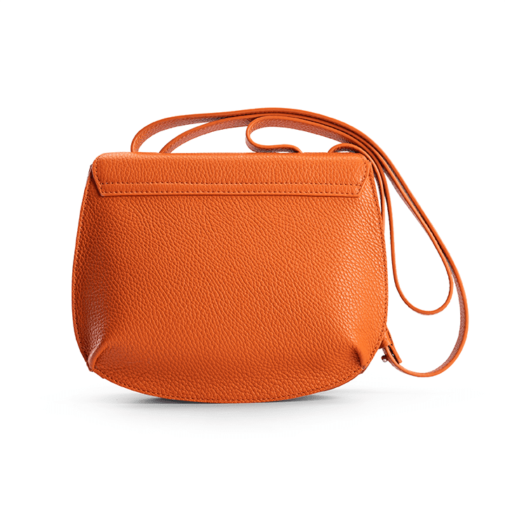 Back view of a designer luxury medium-sized orange calf leather women’s handbag.