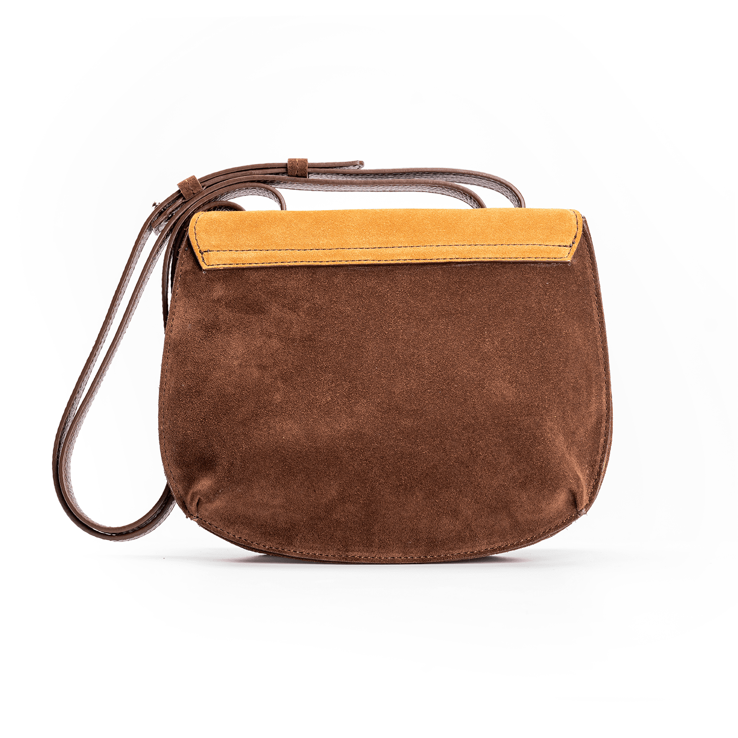 Back view of a medium-sized chocolate and caramel Italian suede luxury women’s handbag, 