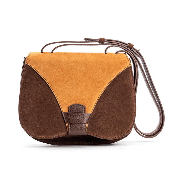 Front View of Yara Crossbody Bag in Chocolate Italian Suede and Caramel Italian Suede