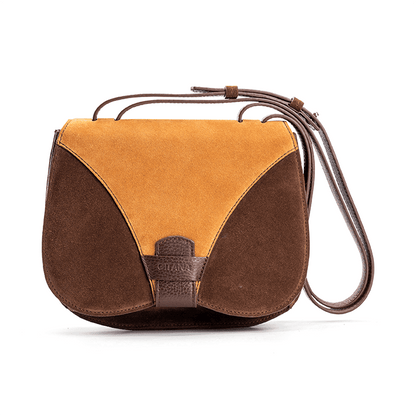 Front View of Yara Crossbody Bag in Chocolate Italian Suede and Caramel Italian Suede