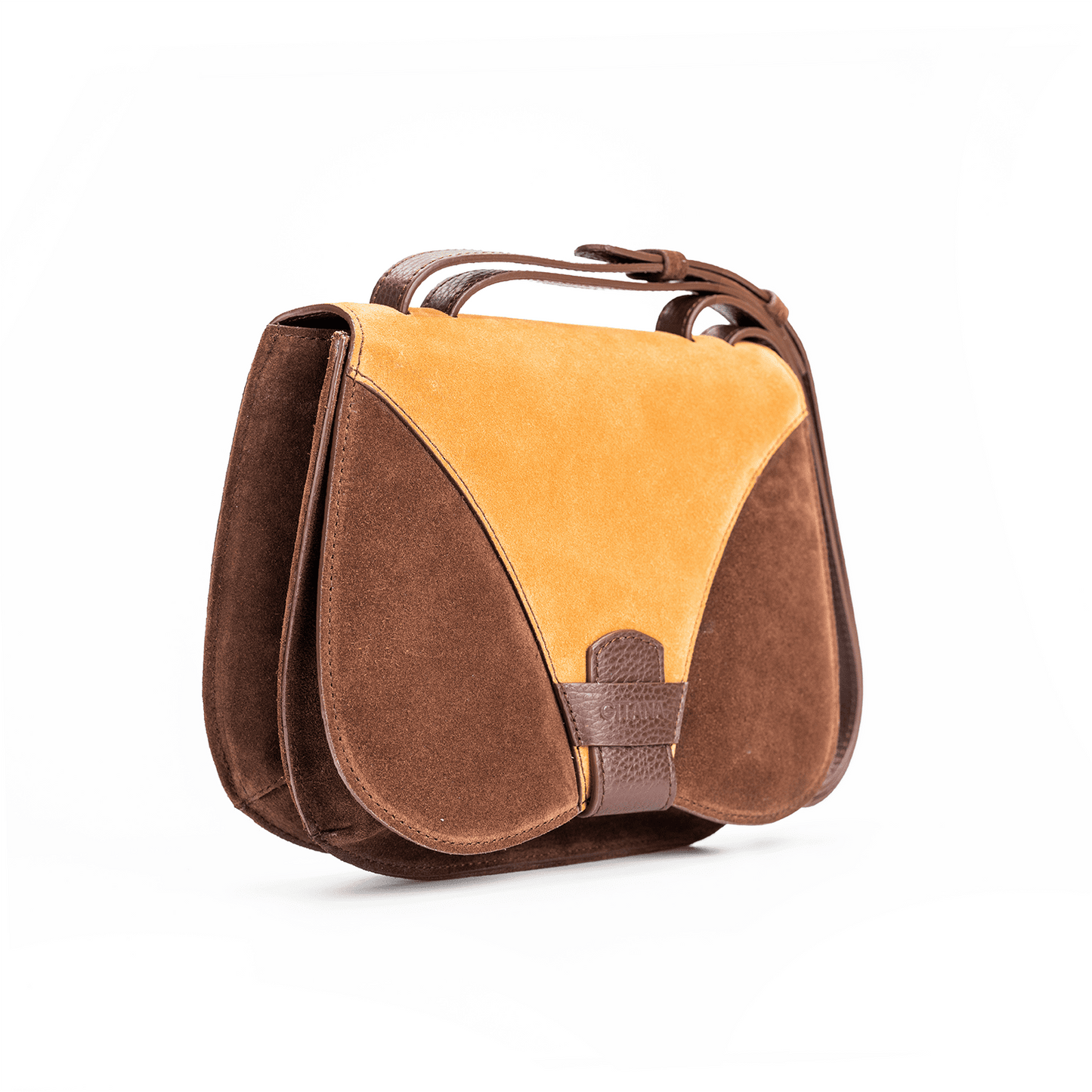 Side view of a medium-sized chocolate and caramel Italian suede leather crossbody bag