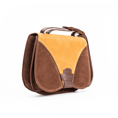 Side view of a medium-sized chocolate and caramel Italian suede leather crossbody bag
