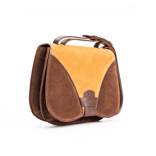 Side view of a medium-sized chocolate and caramel Italian suede leather crossbody bag